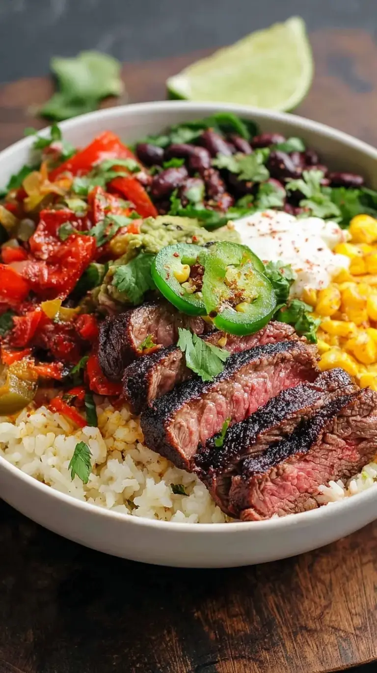 A high-protein steak burrito bowl with seared flank steak, cilantro-lime rice, black beans, corn, and fresh avocado.
