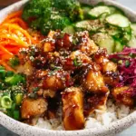 A meal prep container filled with glazed sticky chicken, jasmine rice, and steamed broccoli