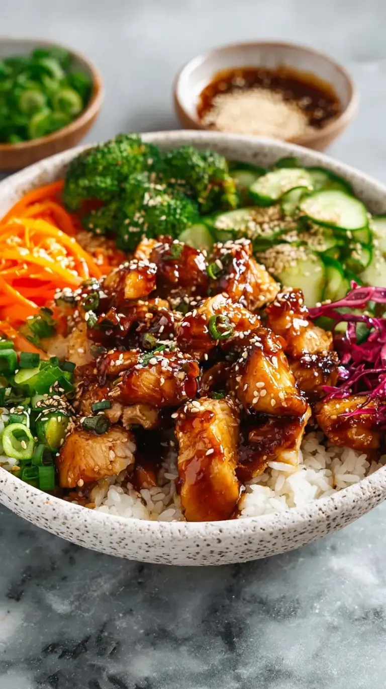 A meal prep container filled with glazed sticky chicken, jasmine rice, and steamed broccoli
