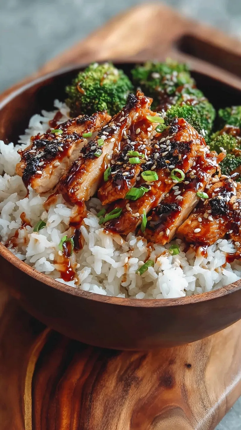 Glazed chicken cubes with steamed broccoli and sesame seeds over white rice in a bowl
