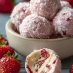 A tray of pink strawberry cheesecake protein balls on parchment paper.