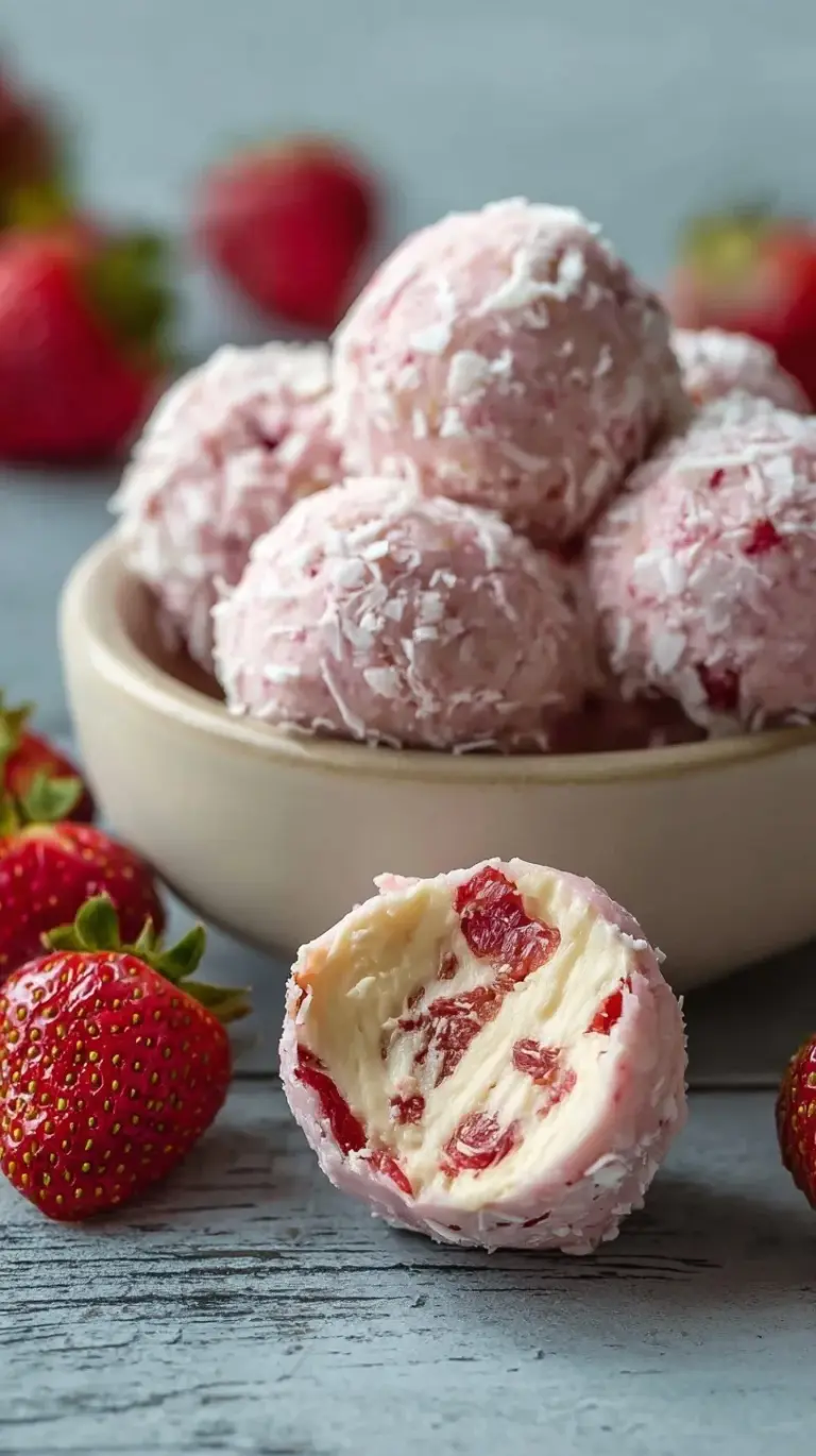 A tray of pink strawberry cheesecake protein balls on parchment paper.