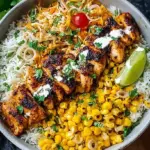 A colorful street corn chicken rice bowl with charred corn, cotija cheese, and cilantro lime rice.