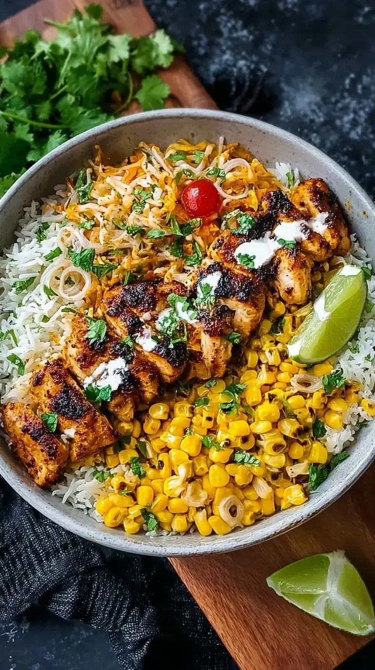 A colorful street corn chicken rice bowl with charred corn, cotija cheese, and cilantro lime rice.