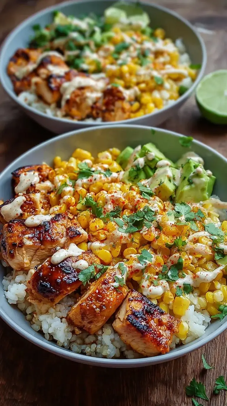 Healthy street corn chicken rice bowls with charred corn, grilled chicken, and cilantro lime rice in a meal prep container.