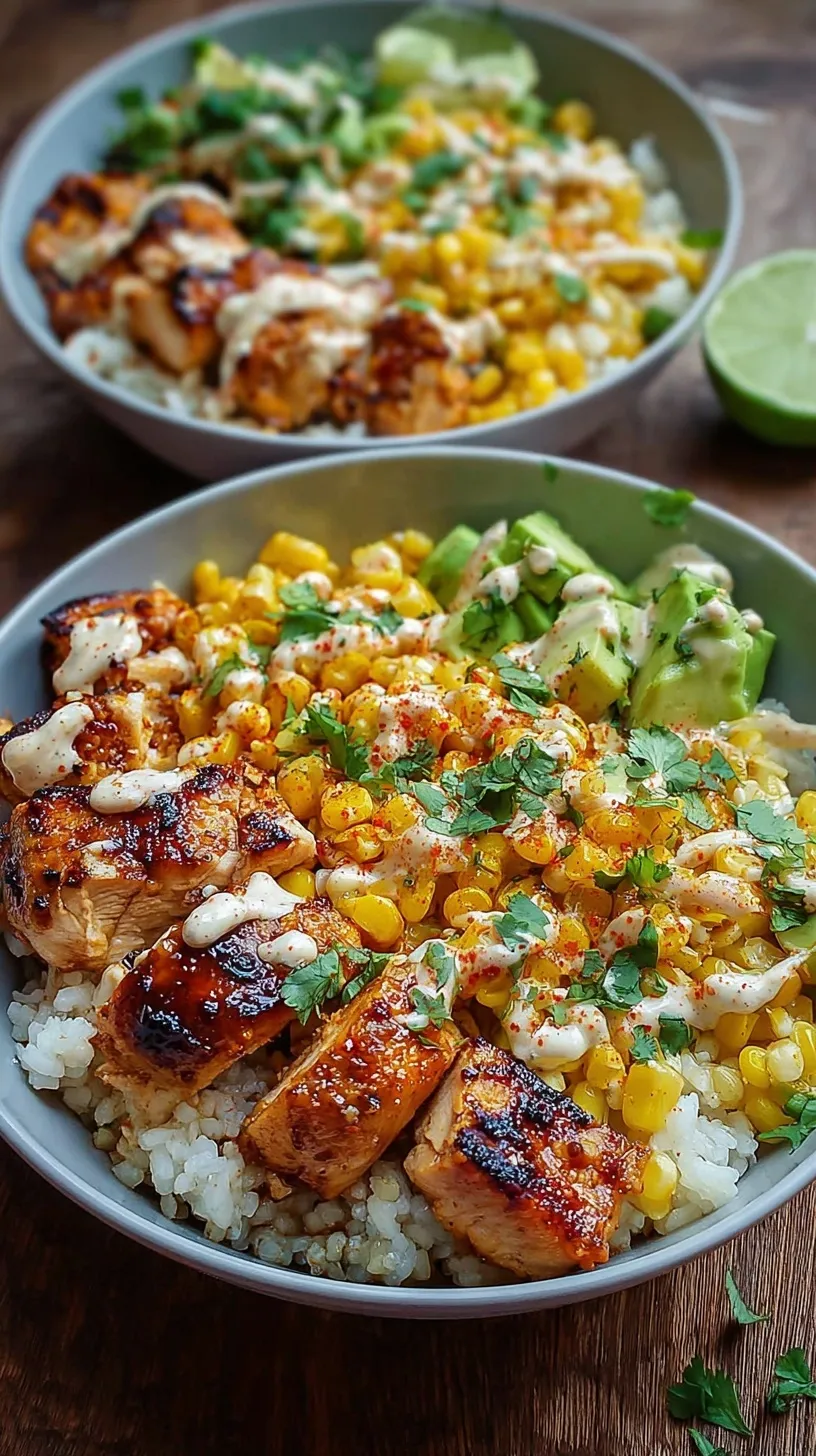 Healthy street corn chicken rice bowls with charred corn, grilled chicken, and cilantro lime rice in a meal prep container.