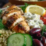 Healthy Greek chicken bowls with lemony quinoa, fresh cucumbers, tomatoes, and creamy tzatziki sauce in white bowls.