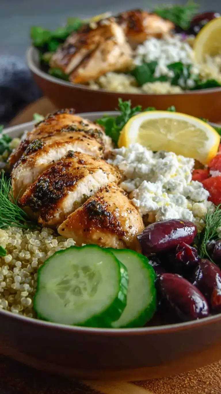Healthy Greek chicken bowls with lemony quinoa, fresh cucumbers, tomatoes, and creamy tzatziki sauce in white bowls.