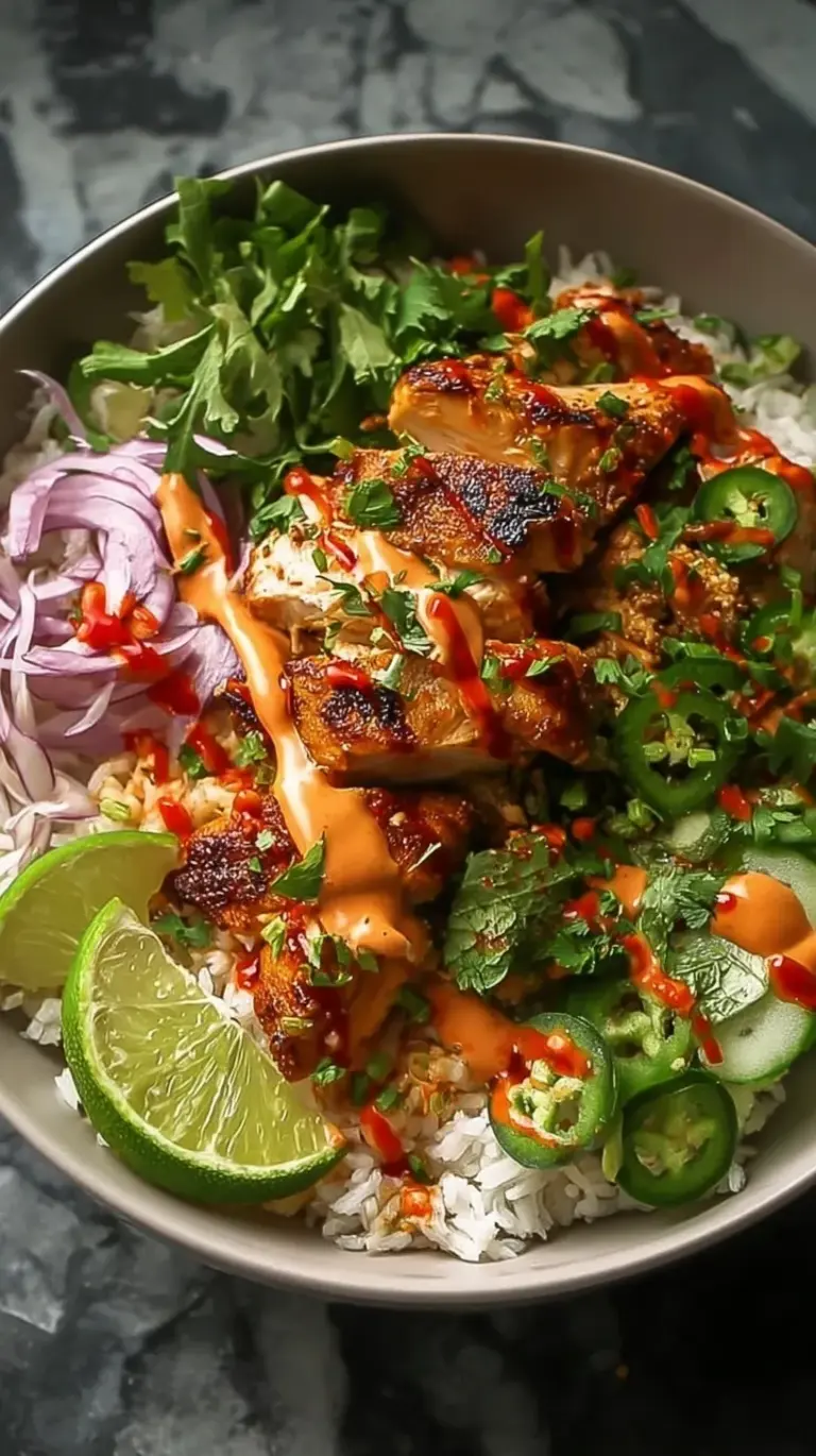 A vibrant Sweet Chili Chicken Bowl with jasmine rice, steamed broccoli, and a creamy white drizzle.