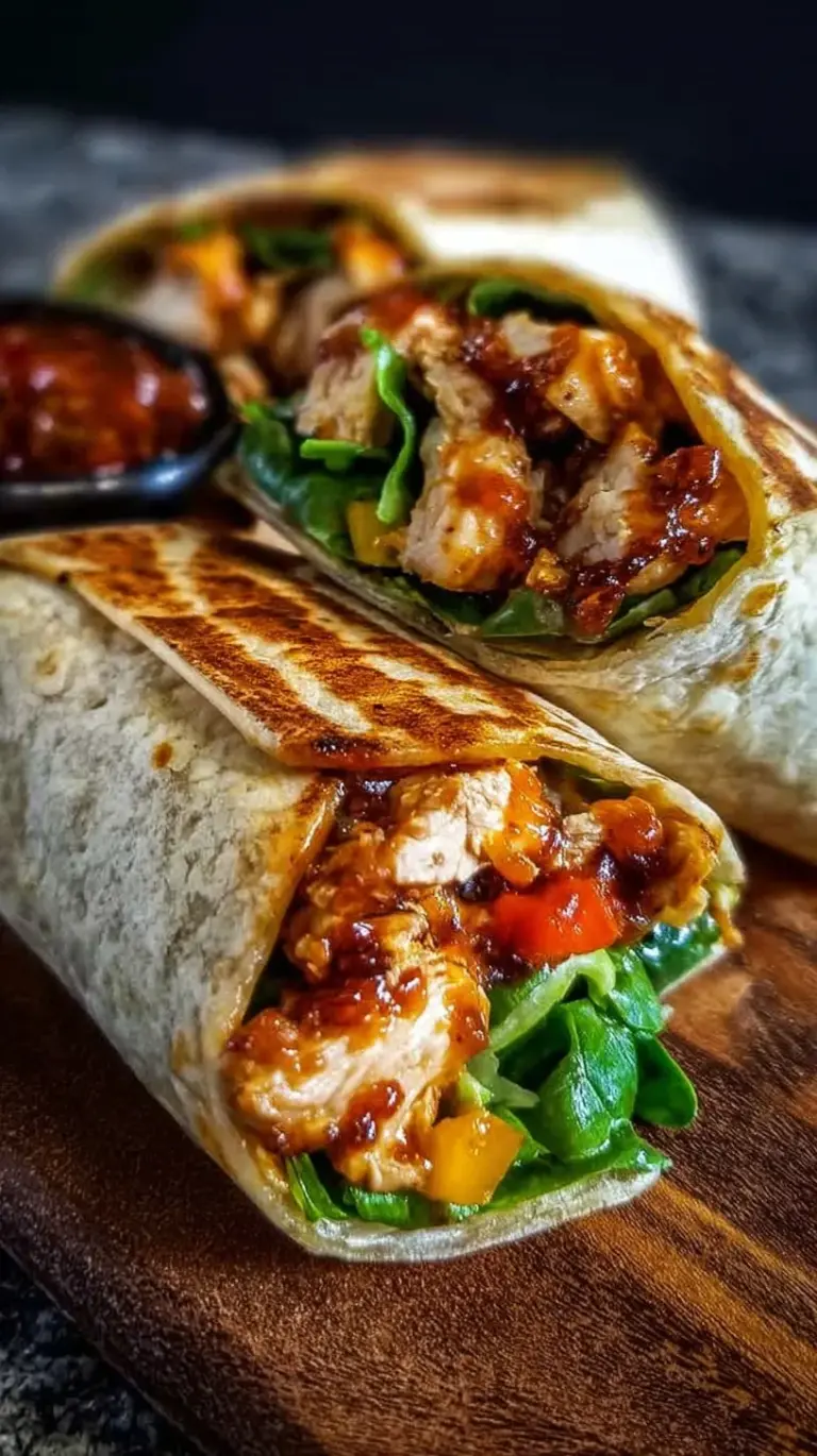 Freshly rolled sweet chili chicken wraps sliced on a wooden board with fresh lettuce and carrots