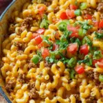 A warm bowl of creamy taco mac and cheese with diced tomatoes and green chilies.