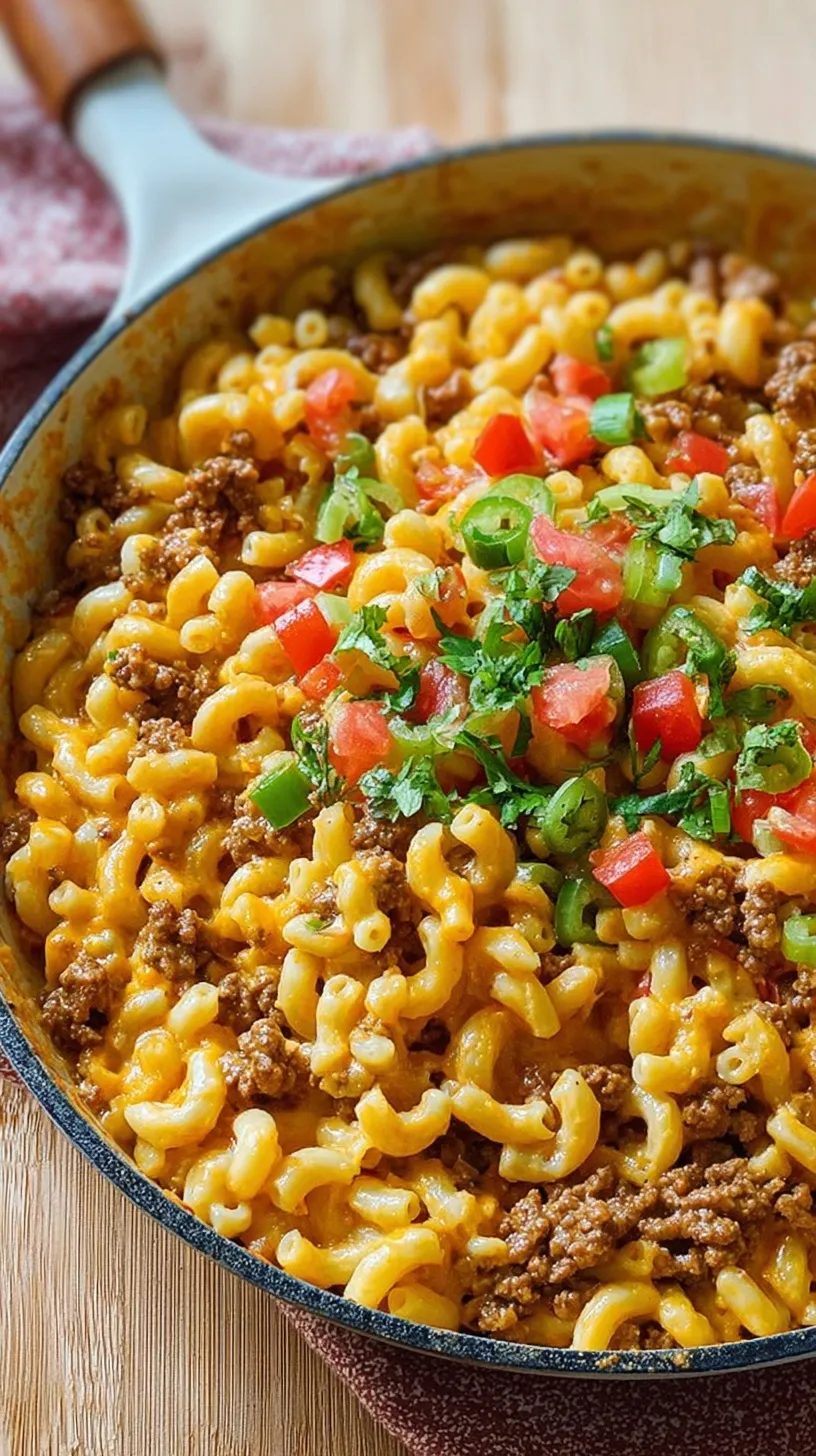 A warm bowl of creamy taco mac and cheese with diced tomatoes and green chilies.