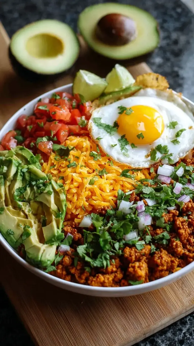 A colorful taco rice bowl with seasoned beef, black beans, corn, salsa, and melted cheese in a white bowl.