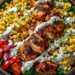 A colorful meal prep bowl with grilled chicken, charred corn, black beans, and cilantro lime rice.