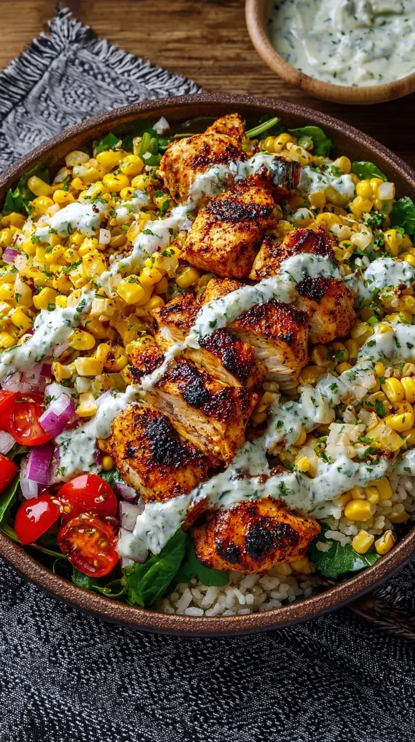 A colorful meal prep bowl with grilled chicken, charred corn, black beans, and cilantro lime rice.