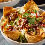 Crispy air-fried wonton taco bowls filled with teriyaki chicken and sesame slaw