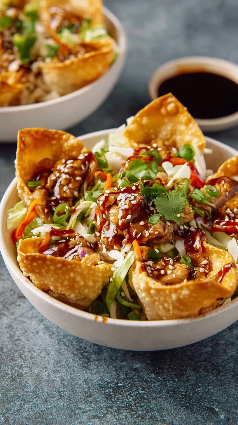 Crispy air-fried wonton taco bowls filled with teriyaki chicken and sesame slaw