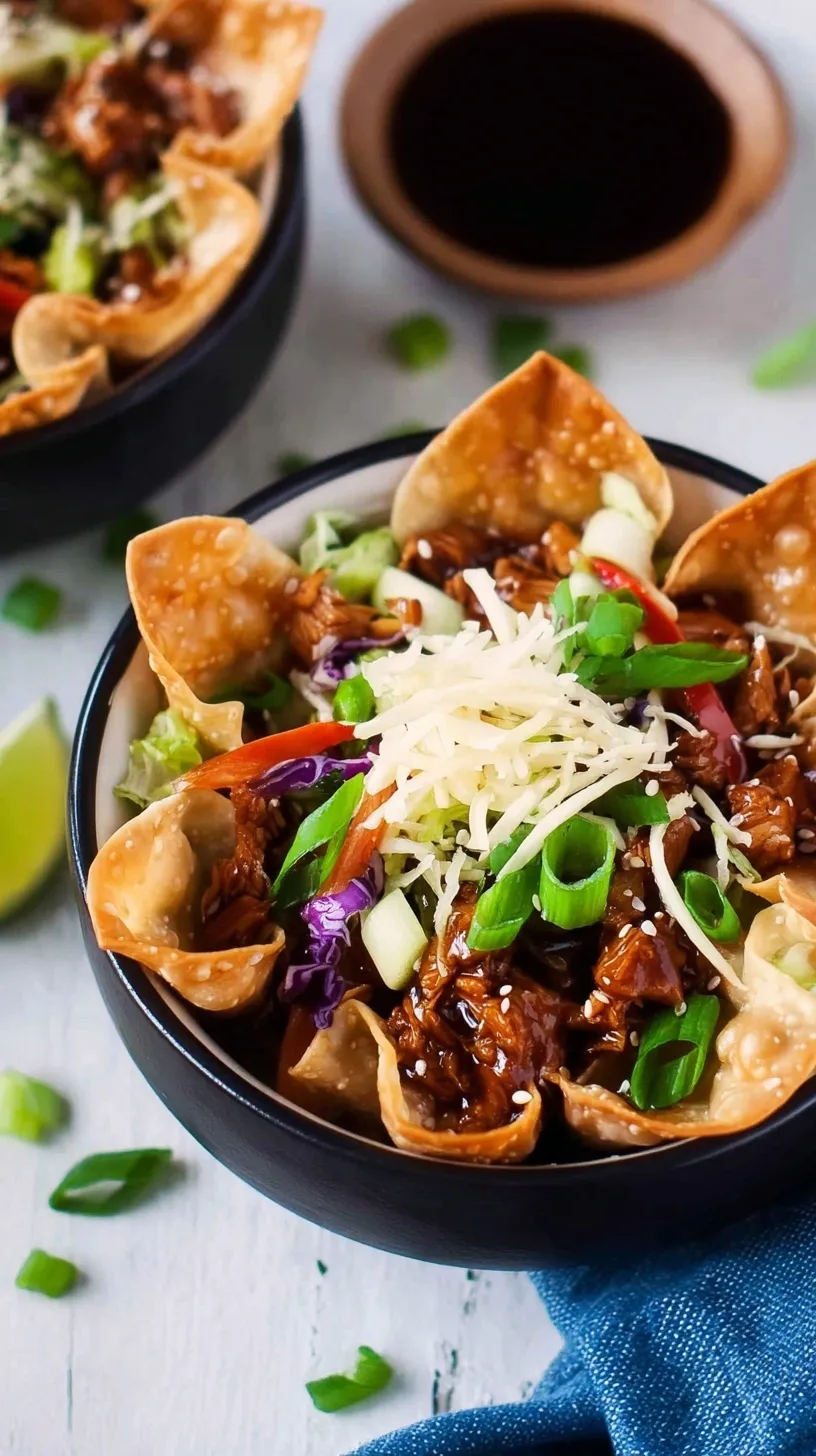 Crispy baked wonton taco bowls filled with glazed teriyaki chicken and fresh cabbage slaw on a serving platter.