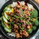 A vibrant teriyaki ground turkey bowl with steamed broccoli and sesame seeds over jasmine rice