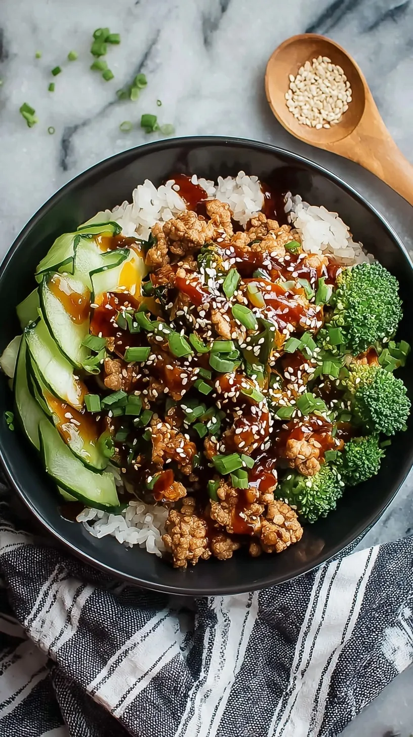 A vibrant teriyaki ground turkey bowl with steamed broccoli and sesame seeds over jasmine rice