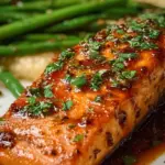 Juicy grilled salmon fillet with a golden spice rub and lemon wedges on a plate