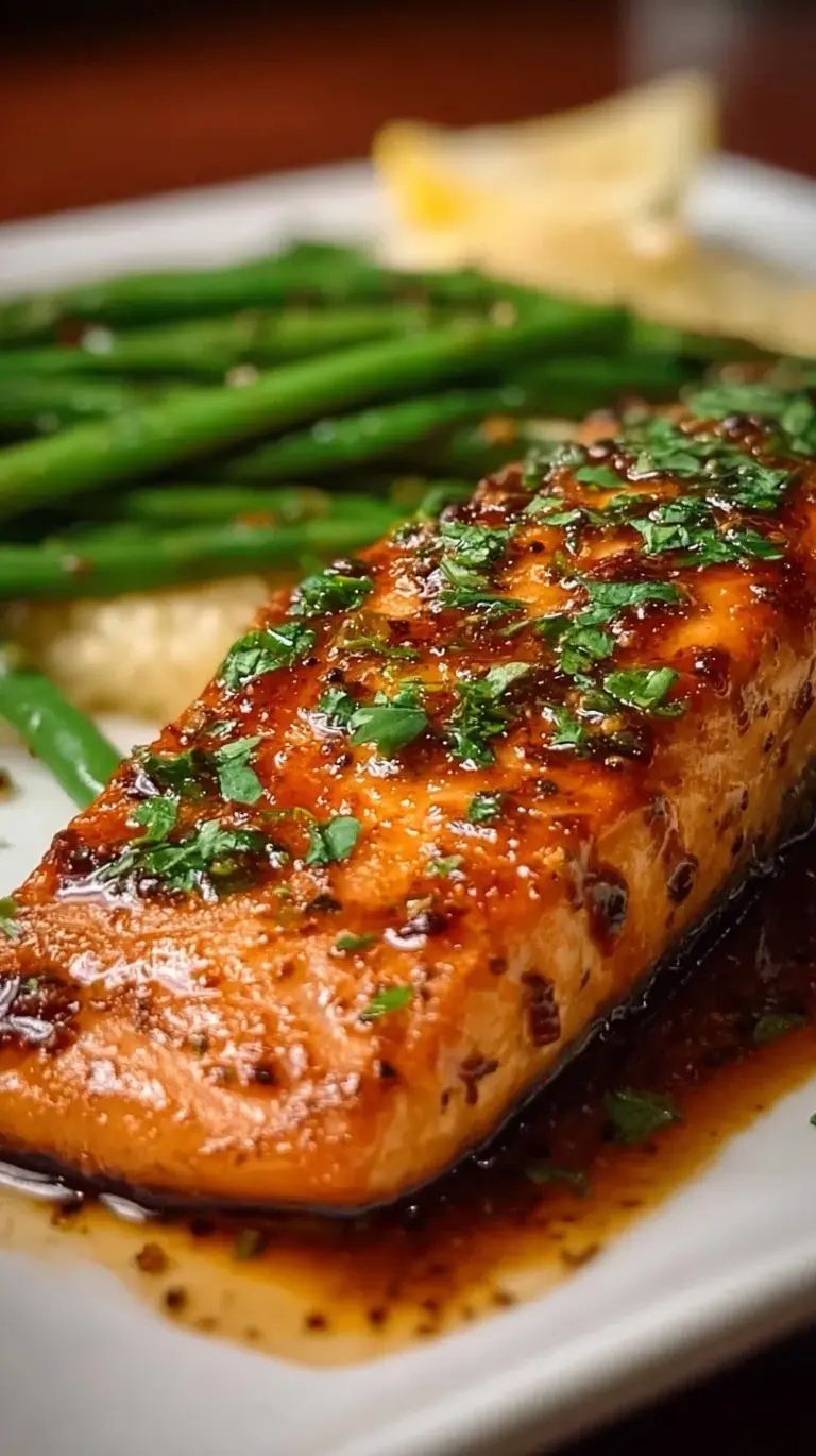 Juicy grilled salmon fillet with a golden spice rub and lemon wedges on a plate