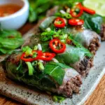 Savory seared Thai Basil Beef Rolls glazed in a dark sauce with fresh vegetables peaking out.