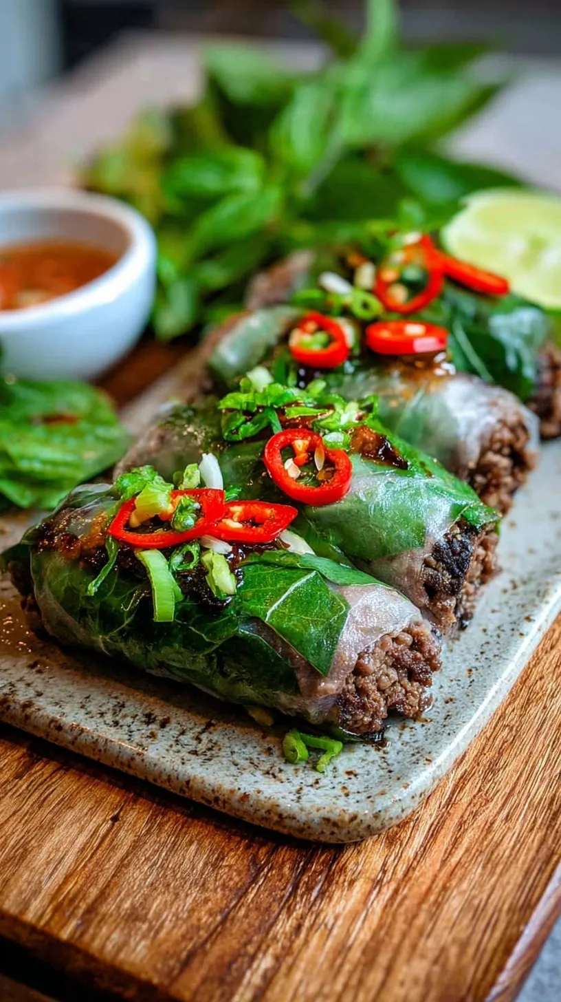 Savory seared Thai Basil Beef Rolls glazed in a dark sauce with fresh vegetables peaking out.