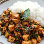 Crispy crumbled Thai Basil Tofu with fresh green holy basil leaves and red chilies served over white rice