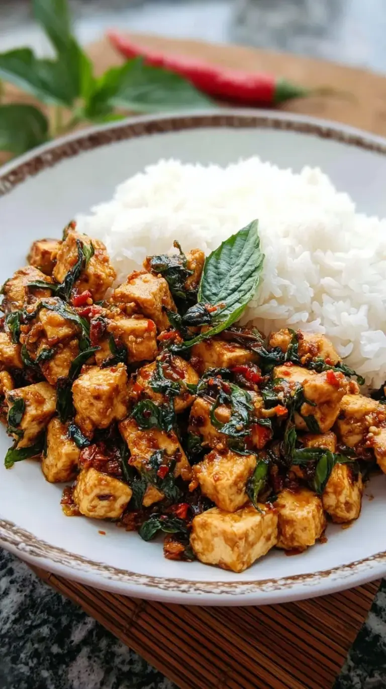 Crispy crumbled Thai Basil Tofu with fresh green holy basil leaves and red chilies served over white rice