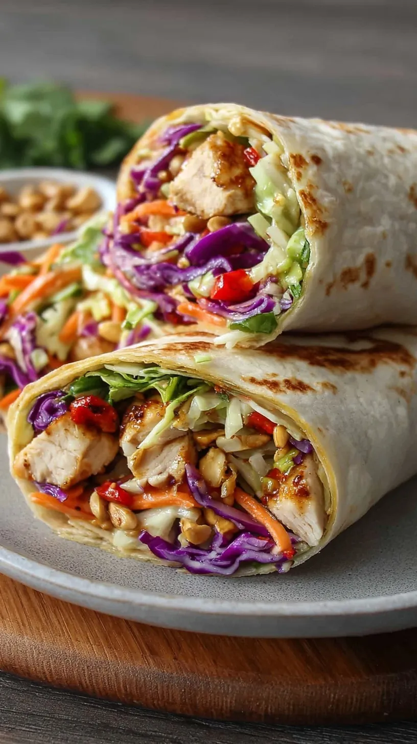 A fresh Thai chicken wrap sliced in half showing colorful slaw and grilled chicken strips.