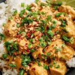 Golden chicken pieces coated in a creamy peanut sauce garnished with crushed peanuts and fresh cilantro