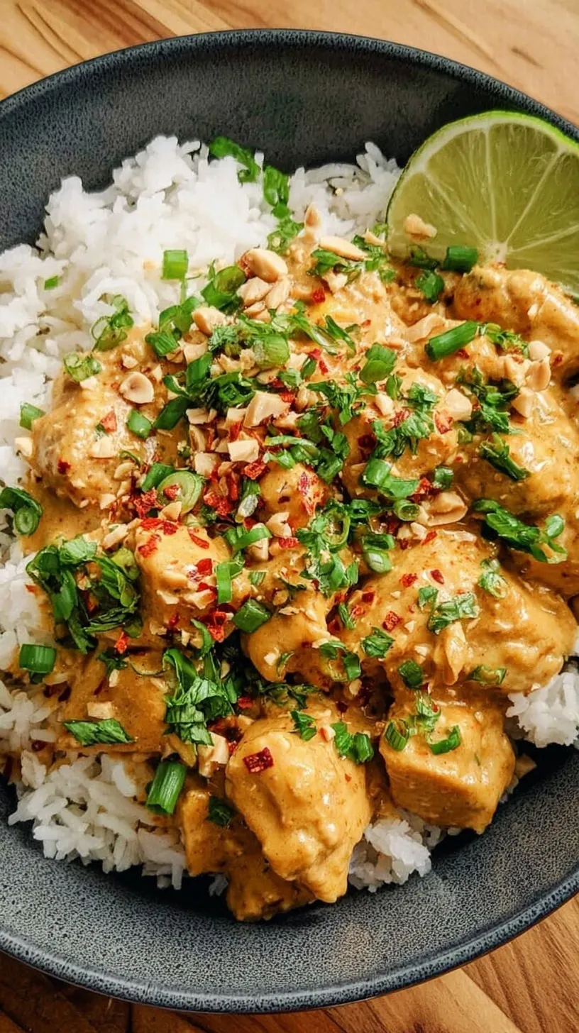 Golden chicken pieces coated in a creamy peanut sauce garnished with crushed peanuts and fresh cilantro