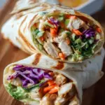 A fresh Thai Peanut Chicken Wrap sliced in half showing shredded chicken, purple cabbage, and orange carrots.