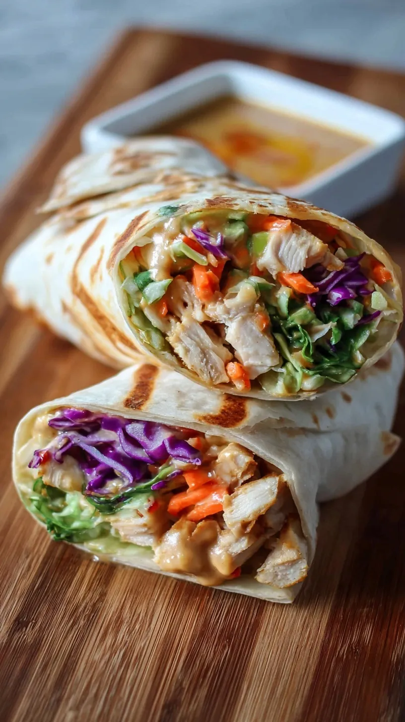 A fresh Thai Peanut Chicken Wrap sliced in half showing shredded chicken, purple cabbage, and orange carrots.