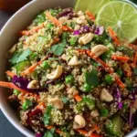 A colorful Thai Quinoa Crunch Salad in a large bowl with peanut dressing and fresh lime.