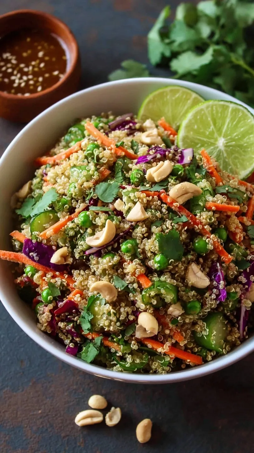 A colorful Thai Quinoa Crunch Salad in a large bowl with peanut dressing and fresh lime.