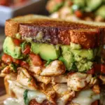 A toasted sourdough sandwich stacked with grilled chicken, melted pepper jack cheese, crispy bacon, and smashed avocado