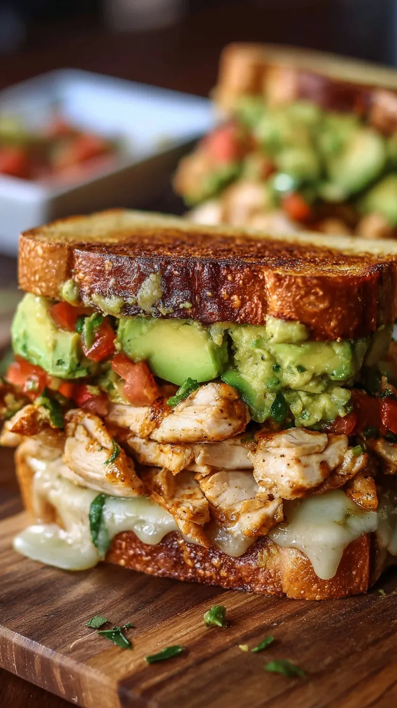 A toasted sourdough sandwich stacked with grilled chicken, melted pepper jack cheese, crispy bacon, and smashed avocado