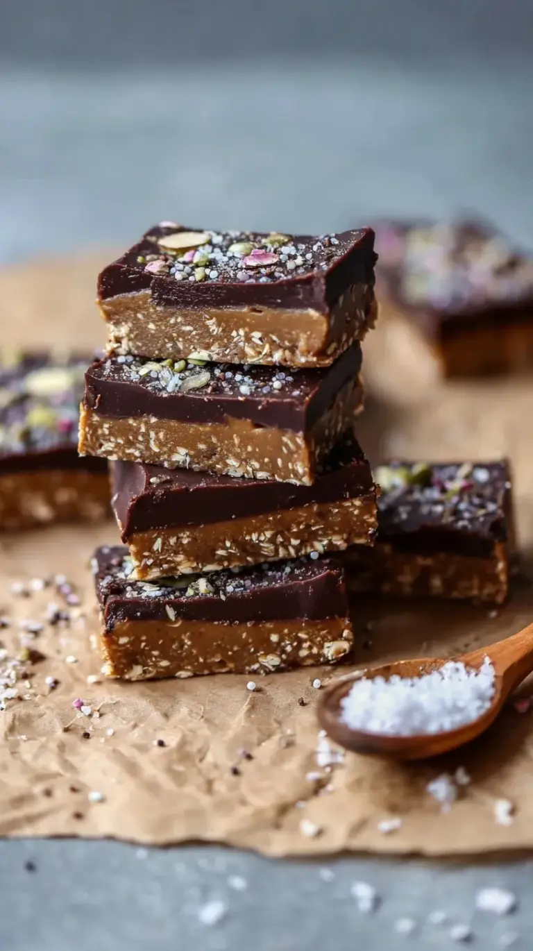 A stack of chocolate-topped homemade protein bars on parchment paper