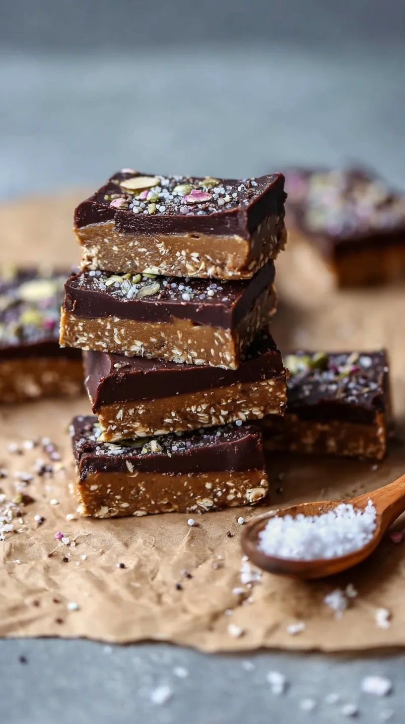 A stack of chocolate-topped homemade protein bars on parchment paper
