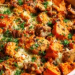 A golden turkey sweet potato bake in a glass dish with melted cheese and fresh spinach.