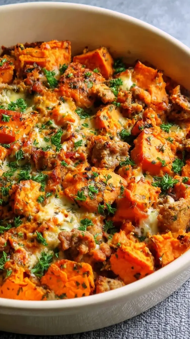 A golden turkey sweet potato bake in a glass dish with melted cheese and fresh spinach.