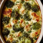 A golden, bubbly Tuscan chicken broccoli bake in a white casserole dish with melted mozzarella and sun-dried tomatoes.