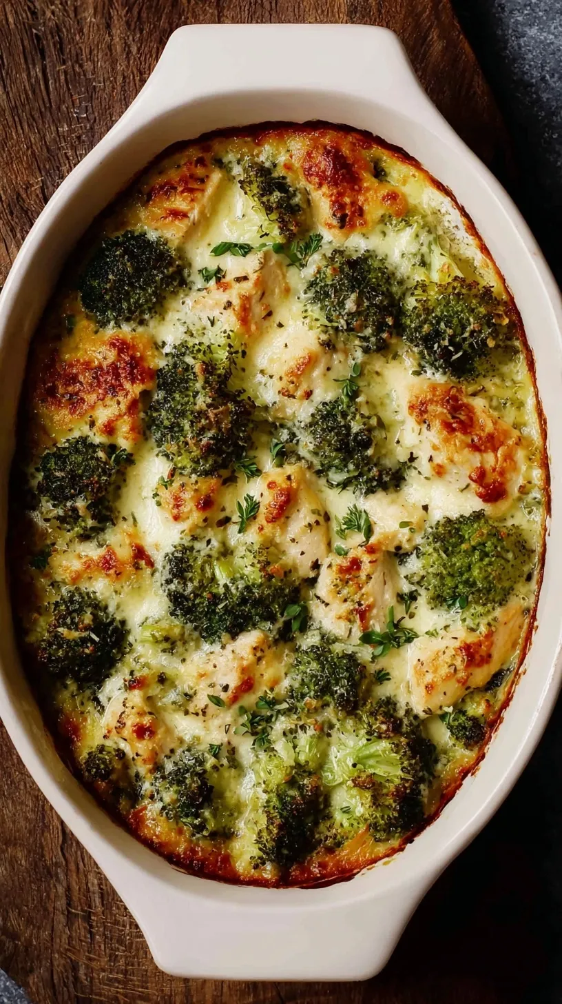 A golden, bubbly Tuscan chicken broccoli bake in a white casserole dish with melted mozzarella and sun-dried tomatoes.