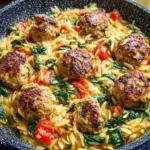 A skillet of golden chicken meatballs and creamy orzo with spinach and sun-dried tomatoes.