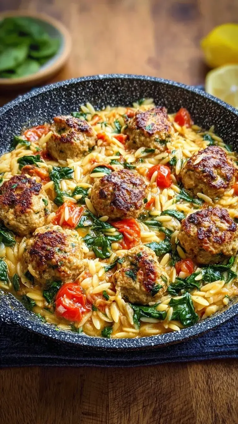 A skillet of golden chicken meatballs and creamy orzo with spinach and sun-dried tomatoes.