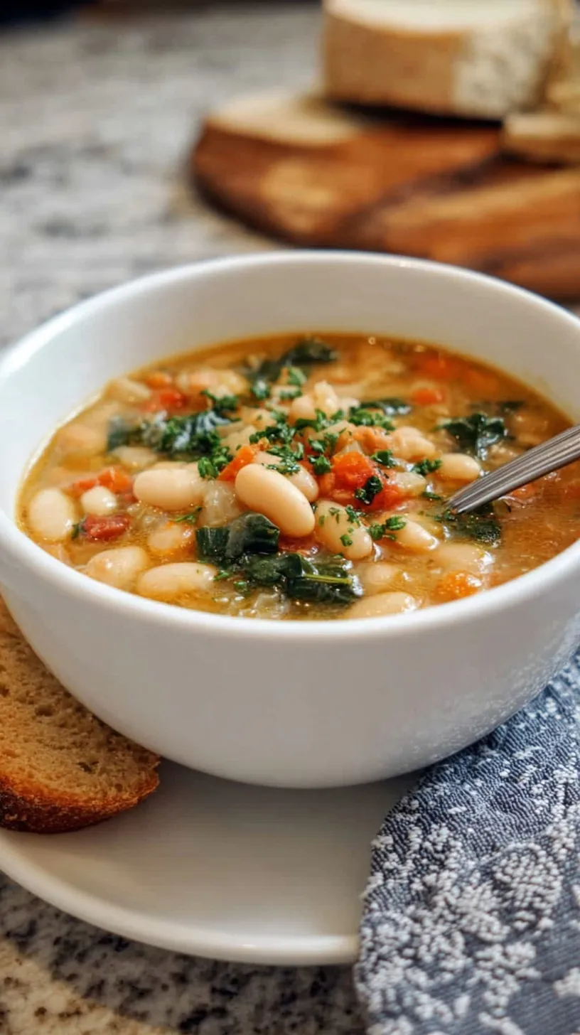 A warm bowl of Tuscan White Bean Soup with kale and carrots