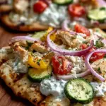 A fresh Mediterranean naan pizza topped with chicken, tzatziki, and cucumbers