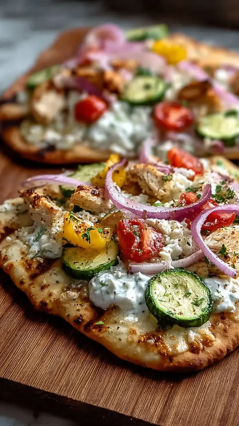 A fresh Mediterranean naan pizza topped with chicken, tzatziki, and cucumbers